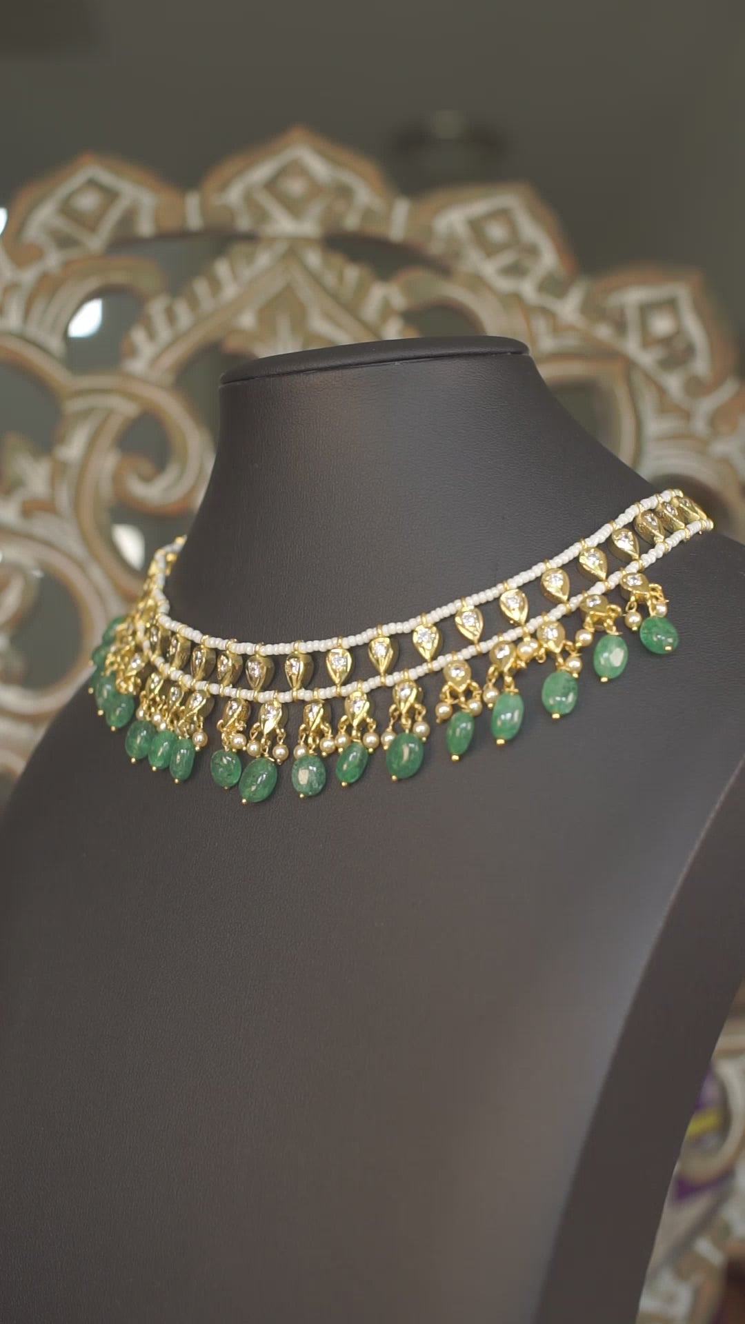 Layered Polki Choker with Emerald Green Bead Drops